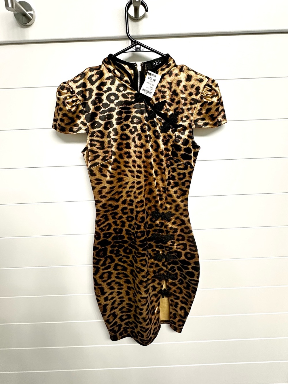 AKIRA Leopard-Print Satin Cheongsam Mini Dress in Gold and Black